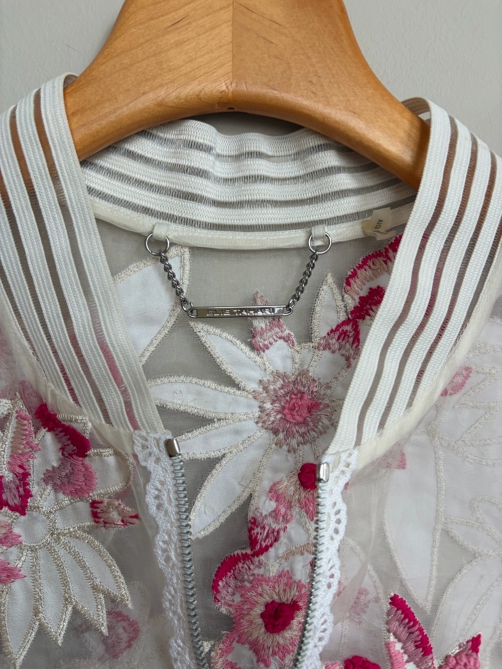Elie Tahari Sheer Floral Embroidered Bomber Jacket - White & Pink - Picture 2 of 13